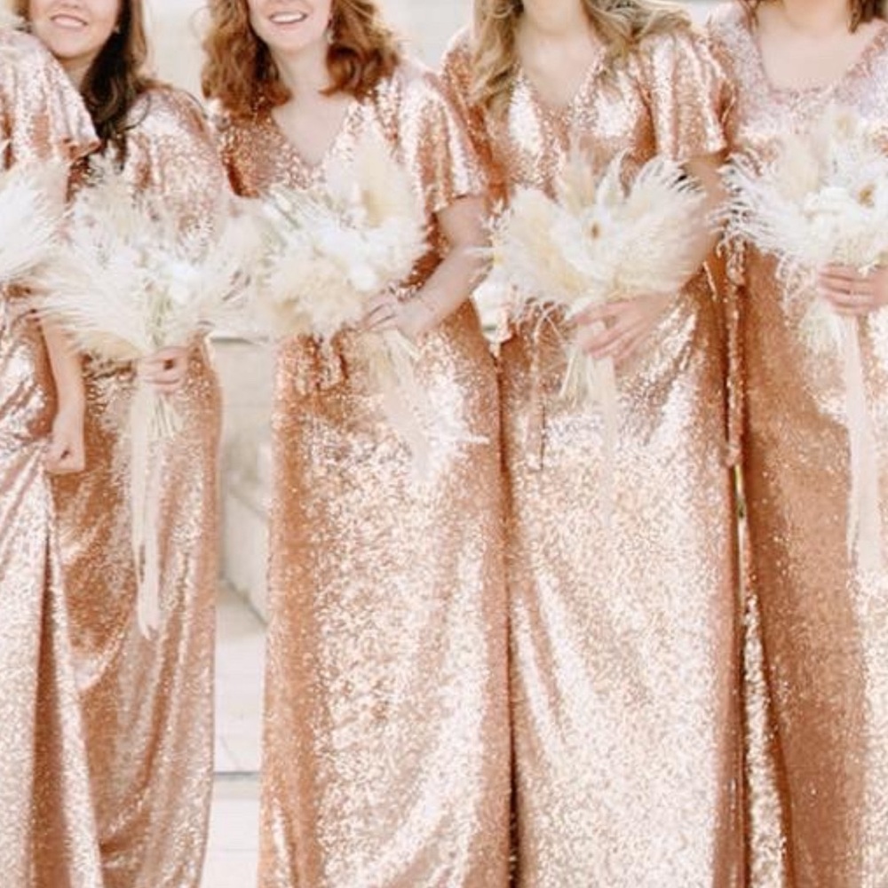 Revelry Bridesmaid Sequin Maxi Dress •Size M (unaltered) Rose Gold w/Garment Bag
